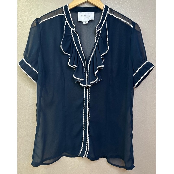 The Shirt by Rochelle Behrens Blue Ruffled Trimmed Sheer Short Sleeve Blouse - Picture 2 of 8